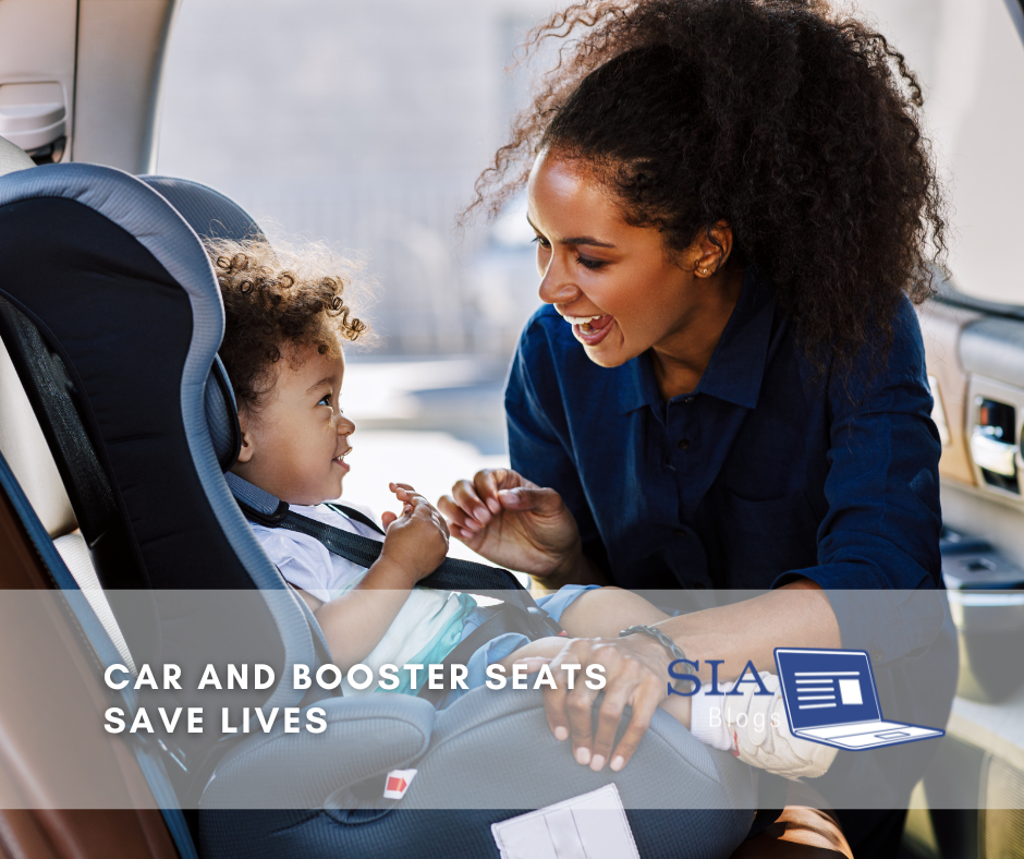 A smiling woman interacts with a young child in a car seat, ensuring the child is securely fastened. The image emphasizes the importance of using car and booster seats for safety.