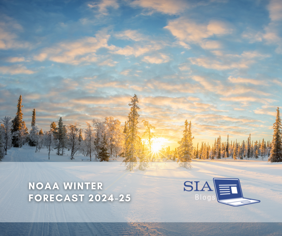 The image shows a snow-covered landscape with tall, frosted trees under a vibrant, colorful sky at sunset. In the foreground, the text "NOAA Winter Forecast 2024-25" is displayed, along with the SIA Blogs logo in the bottom right corner.